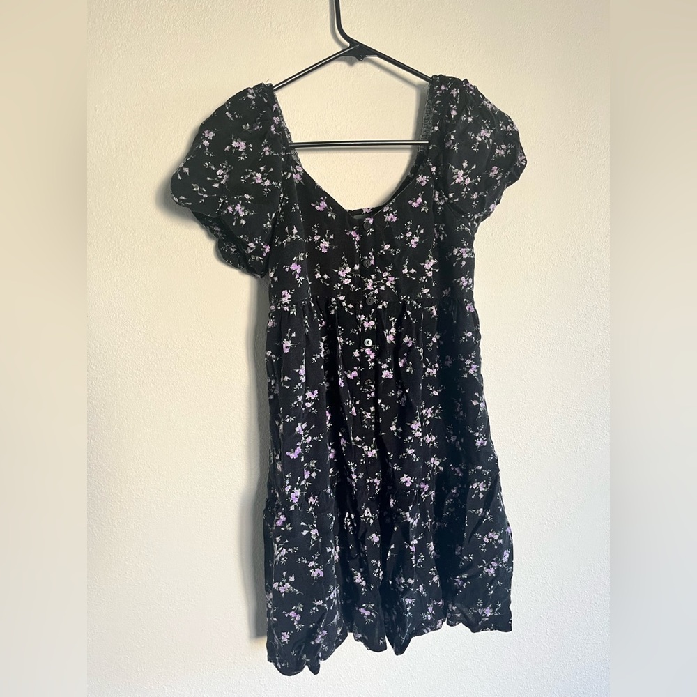 Wild Fable Puff Short Sleeve Smocked Purple Floral & Black Dress Women’s Size XS